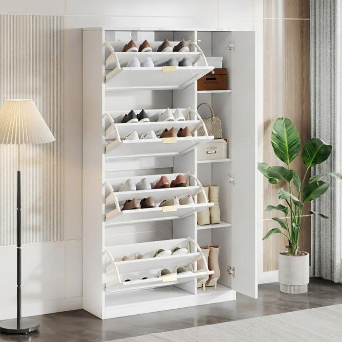 Meuble à chaussures - VVBV - 80x147x24cm - Miroir intégré - 4 abattants - Étagères réglables