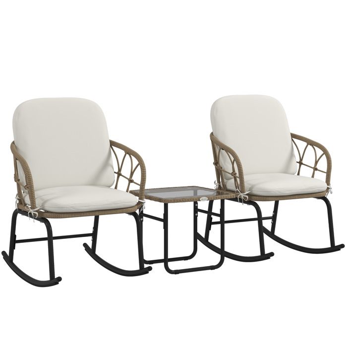 Ensemble jardin - CIPACHO - Rotin PE jaune - 2 fauteuils à bascule + table basse - Coussins déhoussables