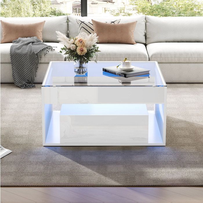Table basse carrée blanche avec verre trempé 2 tiroirs et LED