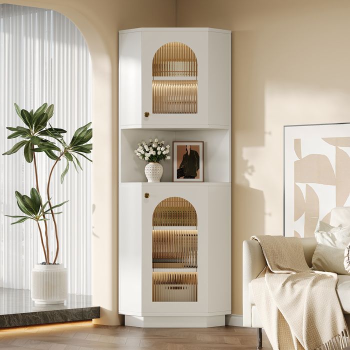 Armoire de salle de bain dangle - HIBA - 45x45x166 5 cm - Bleu - Bande lumineuse intégrée - Étagères réglables