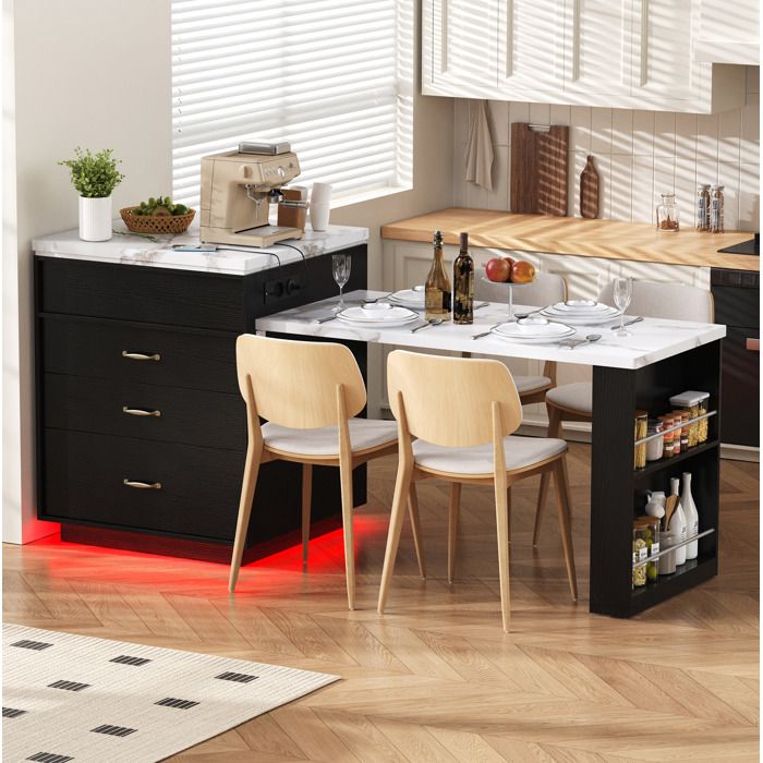 Table extensible noir L 1255-1875 x P 71 x H 93 cm LED rangement MDF îlot polyvalent