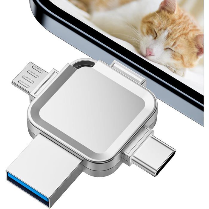 Clé USB 256 Go pour téléphone clé photo 4 en 1 pour téléphone/tablette/Android/PC clé mémoire argentée pour photos et vidéos