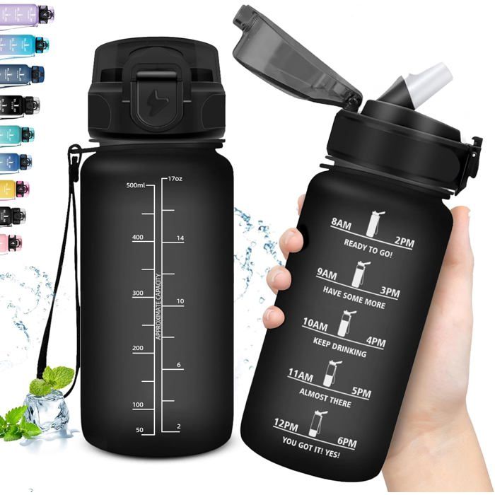 500ml Gourde Enfant avec Paille Anti-Fuite Gourde Sport pour Garçon & Fille Facile à Nettoyer Graduée avec Slogan de Motivation Noir