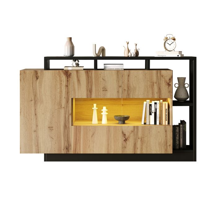 Buffet bas LED RGB - MDF - Bluetooth - Bois naturel et noir - 140 x 44 x 935 cm