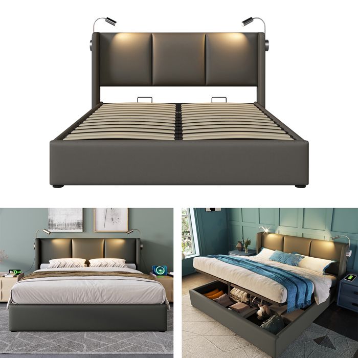 Lit double rembourré avec rangement - 160x200 cm - Gris - PU - Tête de lit avec lampe de lecture