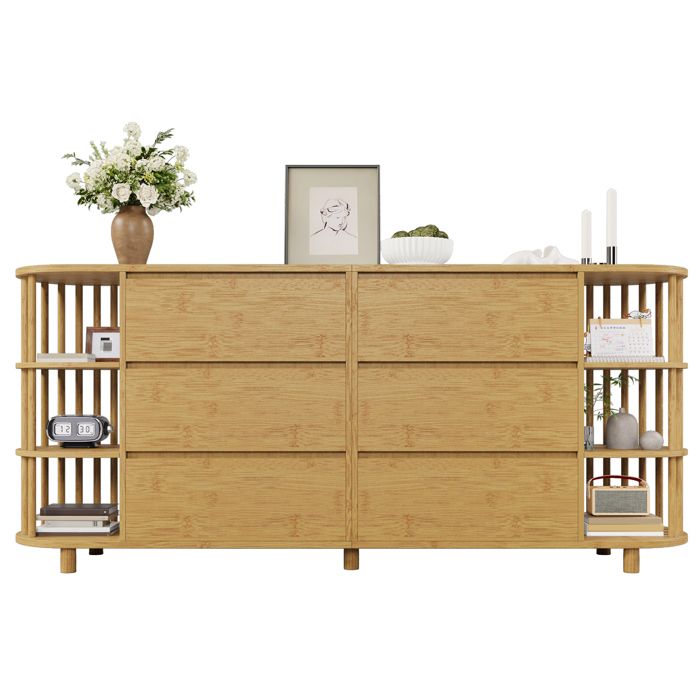 Buffet avec 6 tiroirs et étagères ouvertesDesign romain avec colonnes étagères en bambou et pieds réglables en hauteur160x40x75cm