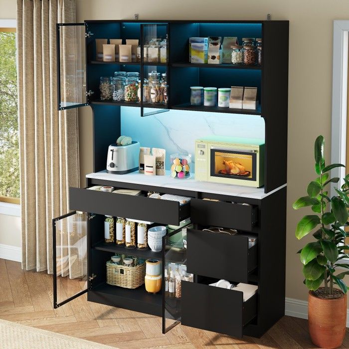 Buffet haut 120x40x180cm MDF verre effet marbre noir blanc LED vitrine rangement polyvalent cuisine salon salle à manger Buffet haut 120x40x180cm MDF verre effet marbre noir blanc LED vitrine rangement polyvalent cuisine salon salle à manger