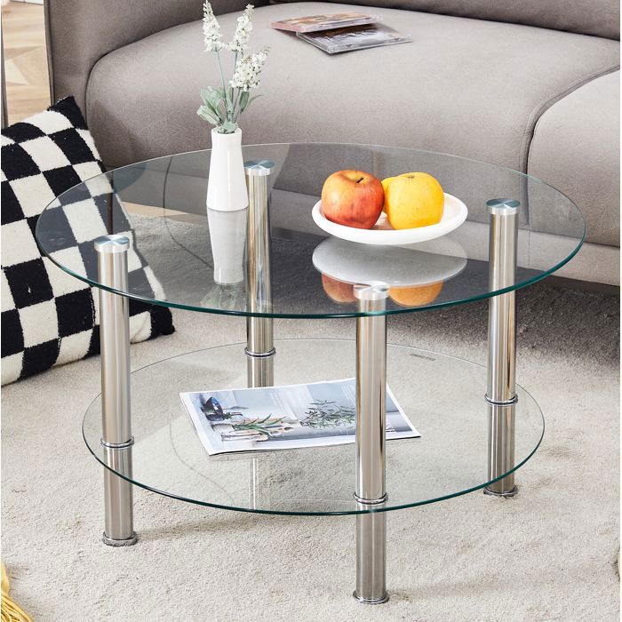 Table basse ronde 2 niveaux 70 cm en verre trempé avec métal argenté transparente