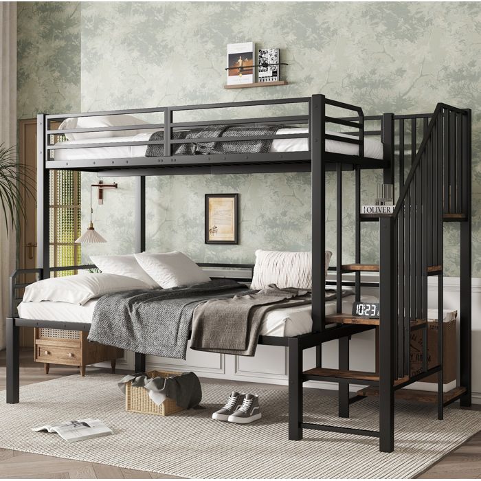 Modenuit Lit superposé métal 90 x 200 cm et 120 x 200 cm avec escalier d’angle rangement noir et décor bois vintage