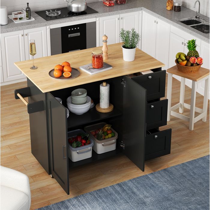Desserte de cuisine 2 portes 3 tiroirs plateau rabattable 5 roulettes MDF noir et naturel 135×70×90 cm - UVRION