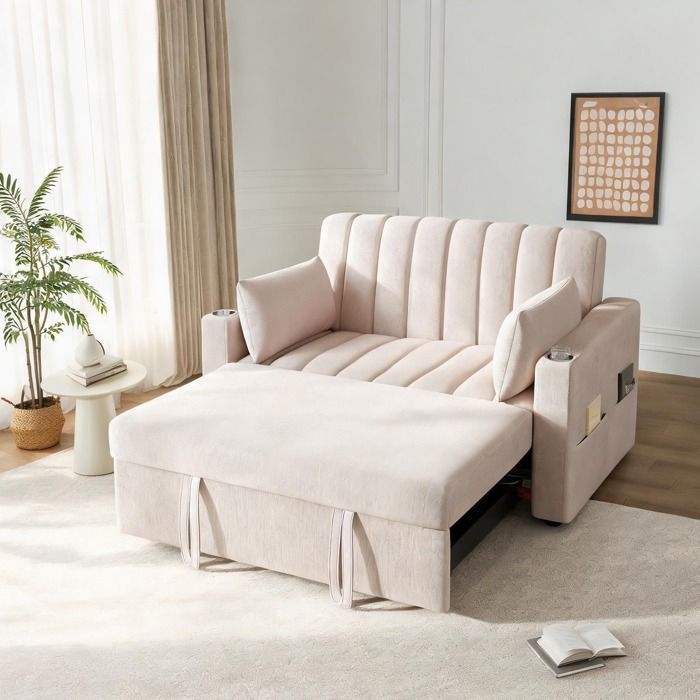 Canapé 2 places convertible beige coton-lin 136x162x84 pouces dossier 3 positions porte-gobelets coussins inclus