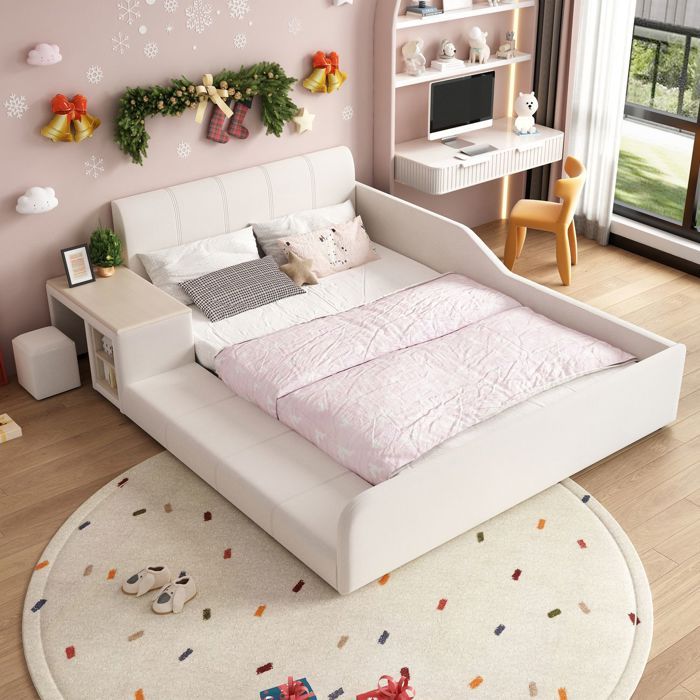Lit rembourré enfant - SOGEU - 140 x 200 cm - Bureau intégré - Tabouret assorti - Revêtement velours blanc