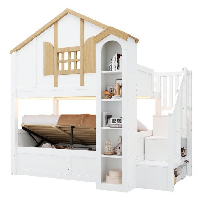 Lit Superposé Enfant 90x200+90x200cm Blanc Et Naturel Lit Cabane Hydraulique LED Escalier Rangement Château Sans Matelas Lit Superposé Enfant 90x200+90x200cm Blanc Et Naturel Lit Cabane Hydraulique LED Escalier Rangement Château Sans Matelas