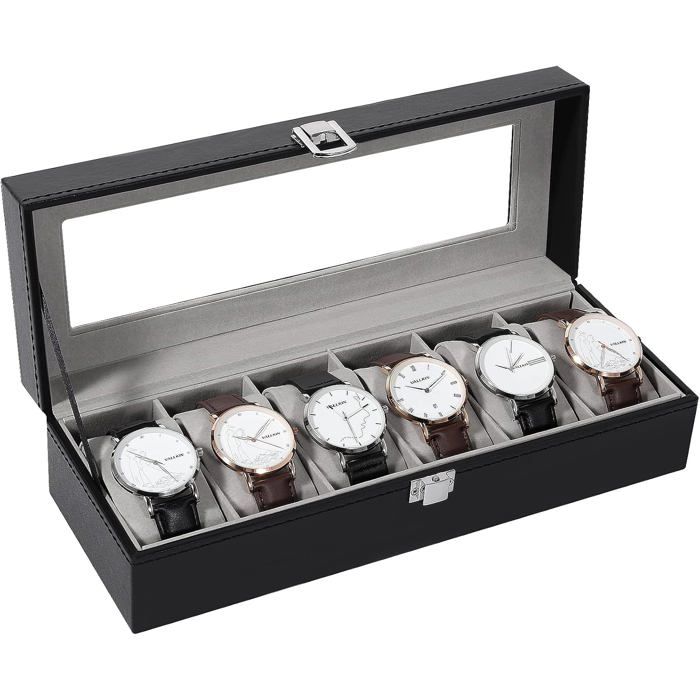 UTEN Boîte à Montres 6 Montres Écrin De Rangement En Cuir avec Vitre Transparente Écrin Bijoux Coffret Montre Homme Femme