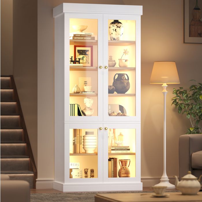 COVREO Vitrine haute 80 x 40 x 180 cm 4 portes vitrees LED integree MDF verre blanc