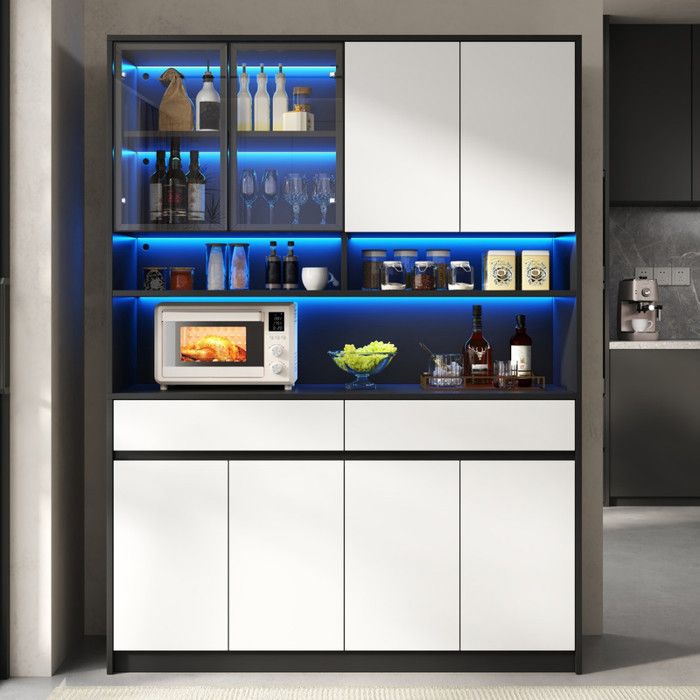Piaenon - buffet de Cuisine Armoire 120x38x160 cm avec LED 4 portes 2 tiroirs charnières à fermeture douce noir et blanc.