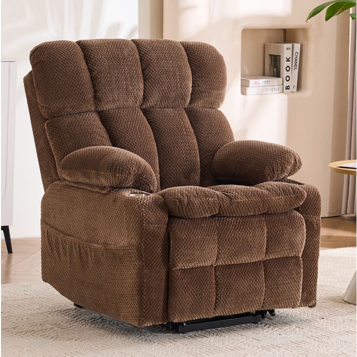 Fauteuil Massant Électrique 1 Place Releveur Double Moteur Chauffage - MEUNIQ - Appuie-Tête Réglable Tissu Marron