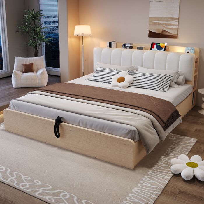 Lit coffre double 180x200 cm en bois sommier hydraulique tête de lit rembourrée avec étagère rangement et port USB - Natural