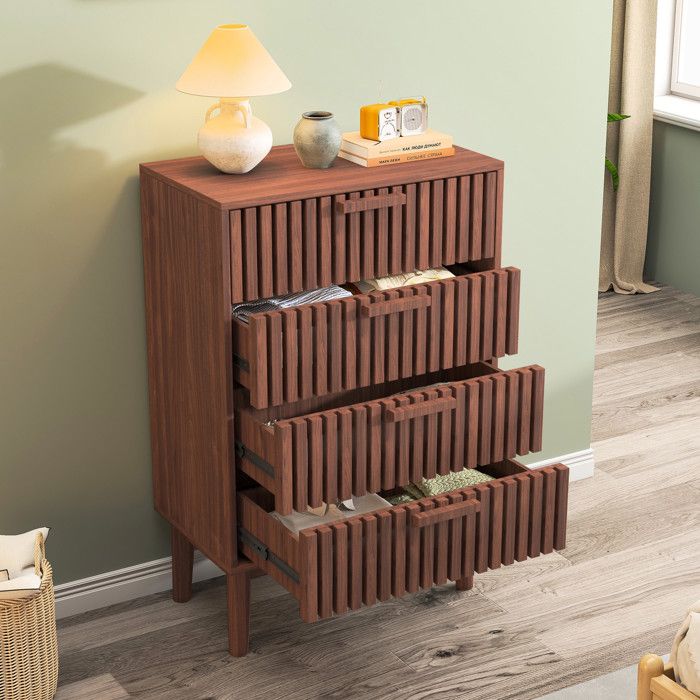 Commode 4 Tiroirs - 60x34x91cm - Meuble Rangement Chiffonnier Vintage avec Façades à Lattes et Pieds Hauts - Noyer