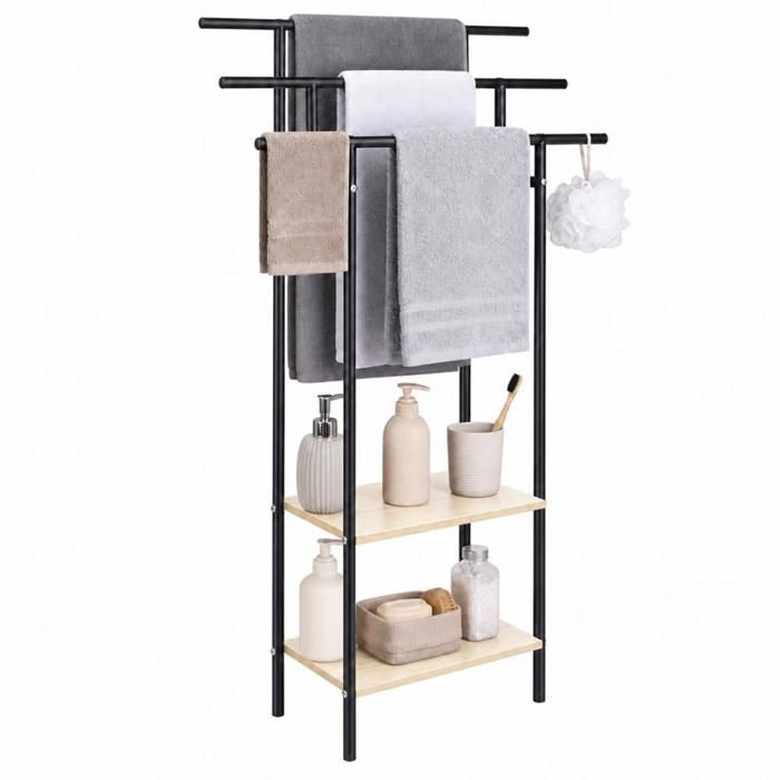 Porte-serviettes QUIIENCLEE étagère de salle de bain à 3 niveaux cadre métal avec 2 tablettes en bois 39×28×112cm noir