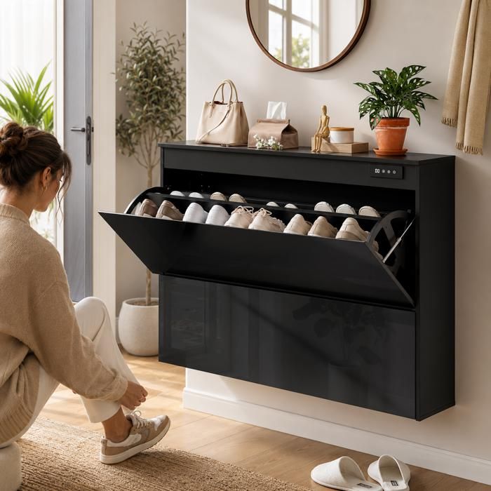 Meuble à Chaussure Désodorisant Intelligent à OzoneAnti-Poussière Antibactérienne116x51x18cmAvec Modes Cycliques Réglables Noir