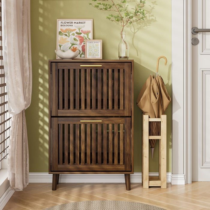 Meuble à chaussures 60 x 24 x 93 cm en MDF couleur noyer avec 2 compartiments rabattables