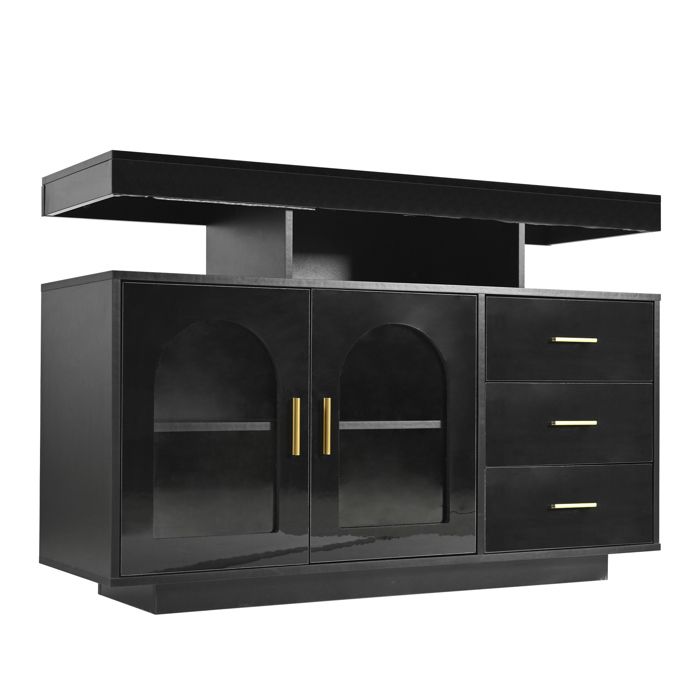 Buffet bas noir 120 cm avec LED RGB 2 portes et 3 tiroirs