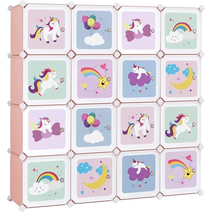 SONGMICS Meuble Rangement Enfant 16 Cubes Armoire Modulable avec Portes Étagère en Plastique pour Jouets 123 x 31 x 123 cm Rose