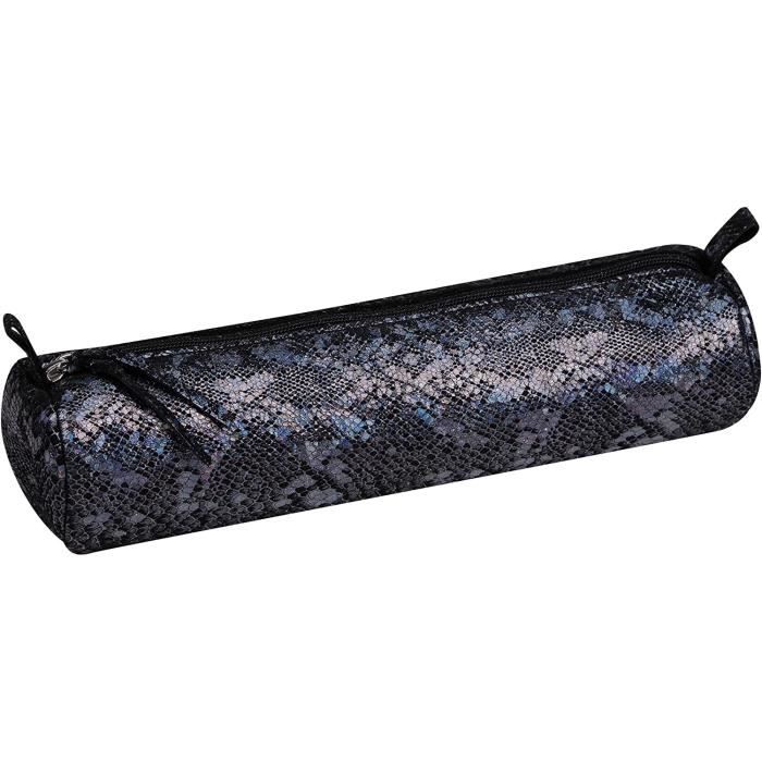Petite Trousse Scolaire Ronde Clairefontaine 8327C En Cuir Véritable Noir Vieilli - Ø3,5x18 Cm