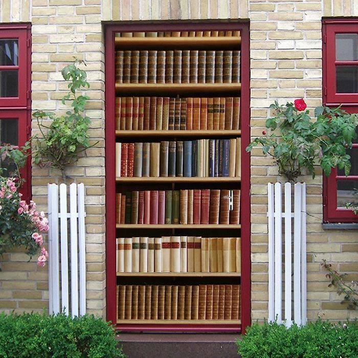 Autocollant Mural 3D Bibliothèque Vintage Avec Livres - Décalcomanie Adhésive Pour Porte Ou Mur, Personnalisable