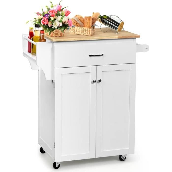 Chariot De Cuisine Avec Roulettes Et Plan De Travail - Îlot Mobile 115x36x90 Cm - Blanc Avec Plateau Bois - Tiroirs Et étagères - 8