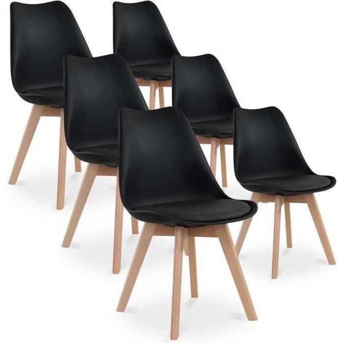 CATHERINA Lot de 6 chaises - Noir - Scandinave - Pieds bois