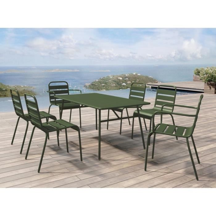 Salle à manger de jardin en métal - une table L.160 cm avec 2 fauteuils empilables et 4 chaises empilables - Kaki - MIRMANDE