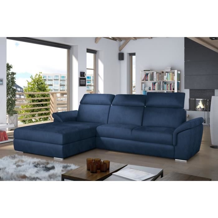 Canapé dangle convertible en tissu velours Prestige bleu 5 places angle gauche (vu de face) - TRESOR Canapé dangle convertible en tissu velours Prestige bleu 5 places angle gauche (vu de face) - TRESOR
