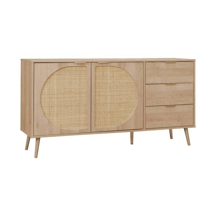 Buffet décor bois et cannage arrondi 2 portes 3 tiroirs 150cm EVA