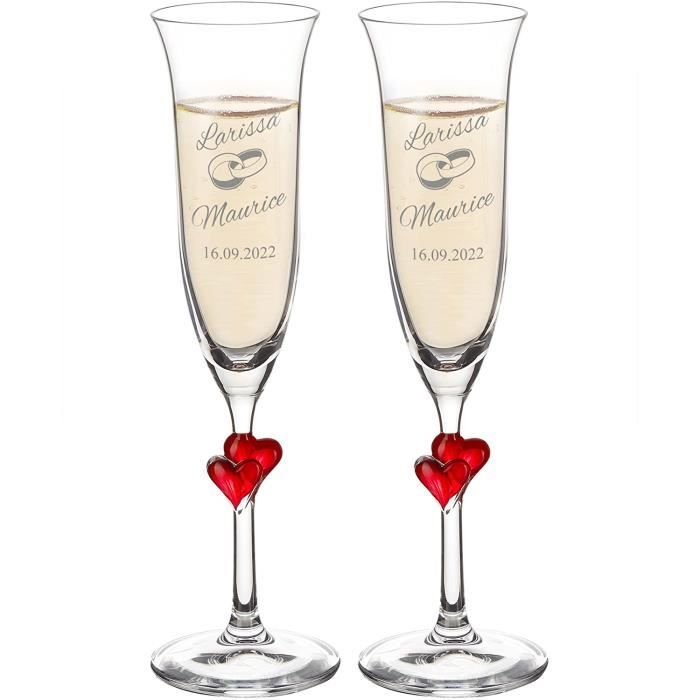 Motif Anneaux Cadeau de Mariage - Coupe de Champagne et Personnalisées avec AMAVEL Noms Volume : 175 ML Gravure pour Couple Set de 2 flûtes à Champagne avec cœur Rouge Date 