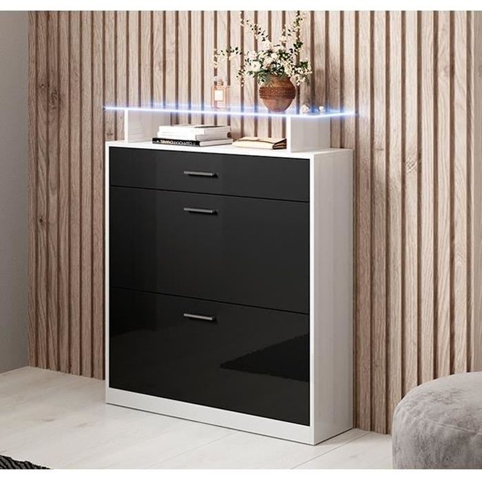 Design Ameublement - Meuble à Chaussures PAOLA LED - 2 portes 1 tiroir - Blanc et Noir Brillant - 89x105x24cm Design Ameublement - Meuble à Chaussures PAOLA LED - 2 portes 1 tiroir - Blanc et Noir Brillant - 89x105x24cm