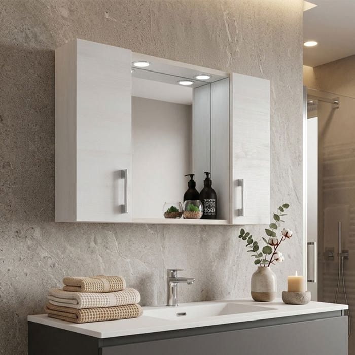 MIROIR DE SALLE DE BAIN À CONTENEUR AVEC DEUX ÉLÉMENTS MURAUX EN CHÊNE BLANC ET UNE LAMPE À DEL