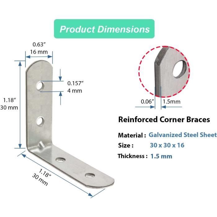 20 équerres De Fixation L 60x60x16 Mm - Acier Galvanisé, Pour Assemblage Angle Droit