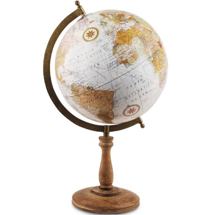 Globe Terrestre Vintage Haut De Gamme - 13cm Diamètre, Pied Bois Manguier, Rapporteur Métal Effet Bronze - Déco Bureau élégante