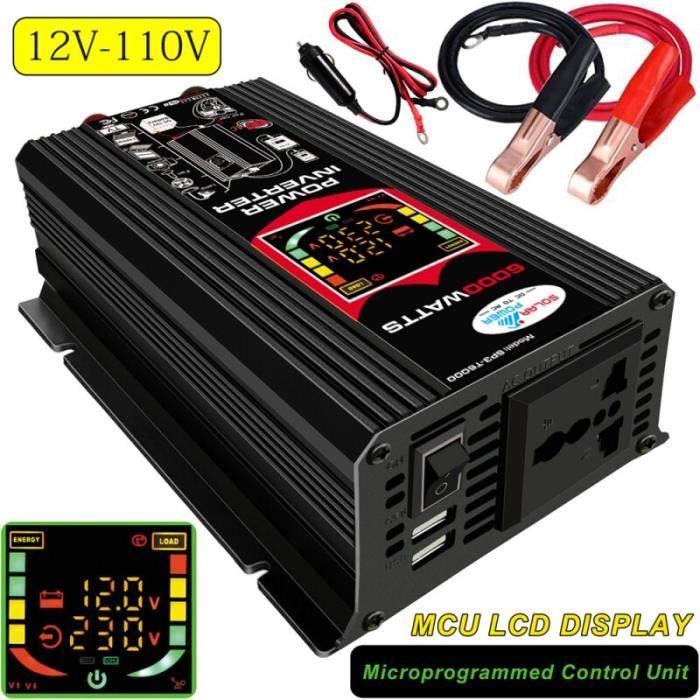 Onduleur 12V/24V Vers 230V - 1000W Continu (2000W Pic) - Prise EU + 2 USB - LCD - Pour Voiture, Camping, Caravane - 9