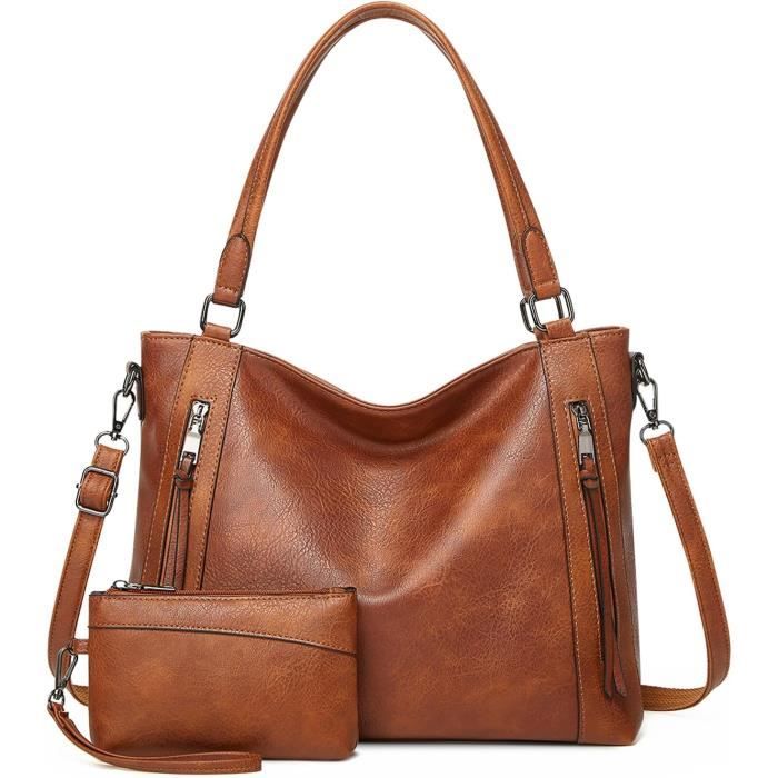 Sac à Main Femme En Cuir Végétalien - Grand Sac Hobo Bandoulière Réglable Avec Poches Organisées