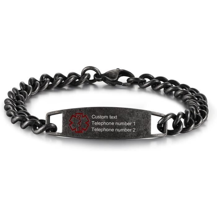 Identification Médicale Urgence Bracelet Alerte Médicale Uloveido - Acier Inoxydable - Gravure Personnalisée - 18+5cm Identification Urgence Personnalisable