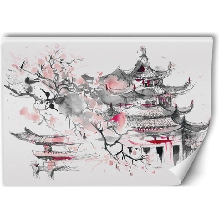 Poster mural XXL Japon 400x266 cm Papier peint intissé Fleur de cerisier Paysage japonais Monastère Artistique Photographie Salon