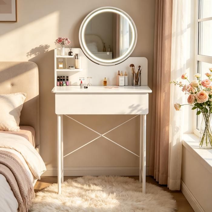 FLASIDU Coiffeuse avec miroir blanc 60*40*126cm Simple 1 tiroir miroir à lumière LED avec 2 étagères ouvertes Pas de tabourets