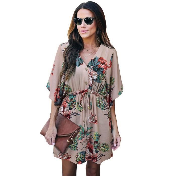 Robe D30U7 boutonn?�e devant pour manches courtes col en V s de plage d'?�t?� Sundress Taille-36 