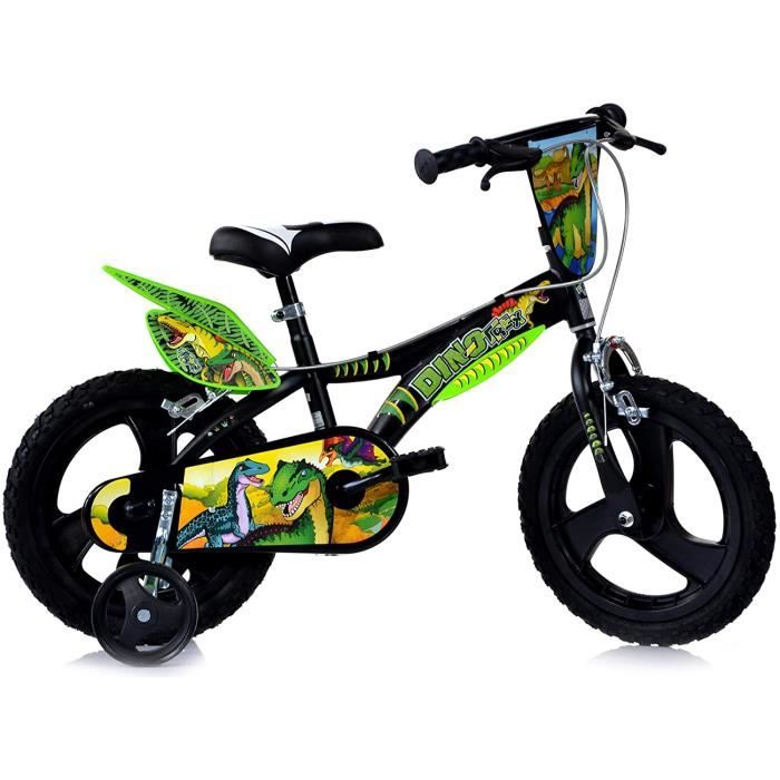 Vélo Enfant Garçon 16 Pouces Dinosauri - Noir Vert - Freins sur Le Guidon - Roues Amovibles