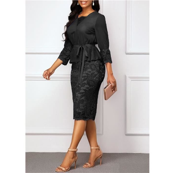 Robe Ete automne robe femmes 2020 decontracte grande taille mince Patchwork dentelle bureau crayon robes elegant Sexy Type Black Blanc Cdiscount Pret a Porter