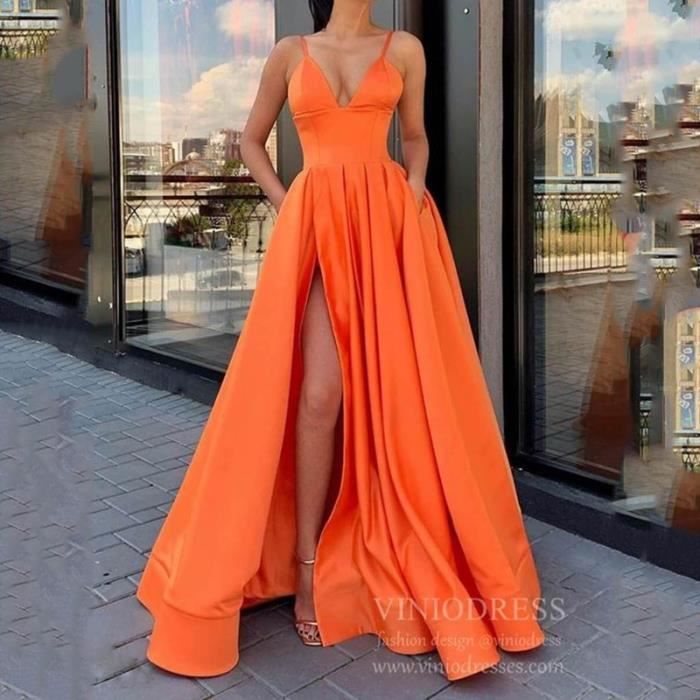 Robe de Soiree Chic Longue Sans Manches Femme col en V Plisse de Bal A-Line  elegante Longue Taille Empire Bal - orange NYSTORE Orange - Cdiscount  Prêt-à-Porter