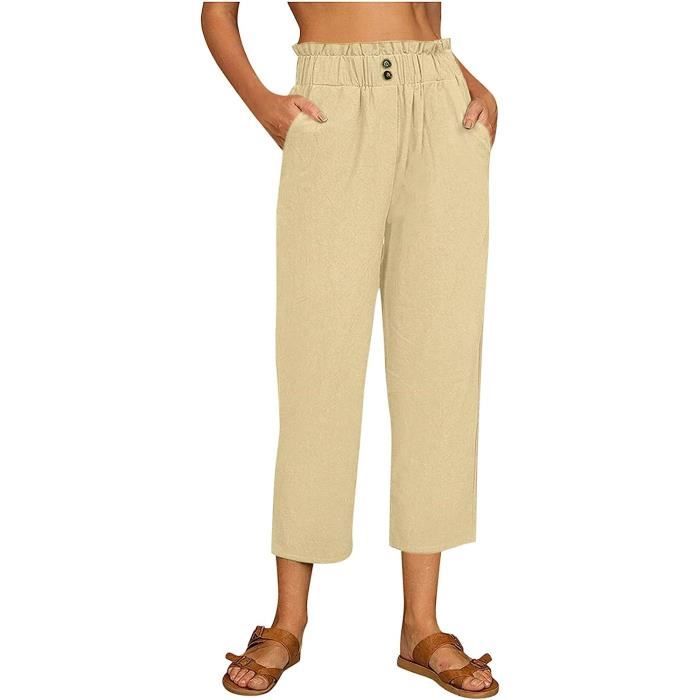 Pantalon Femme Été Lin-Coton - Pantacourt Fluide à Cordon Et Poches